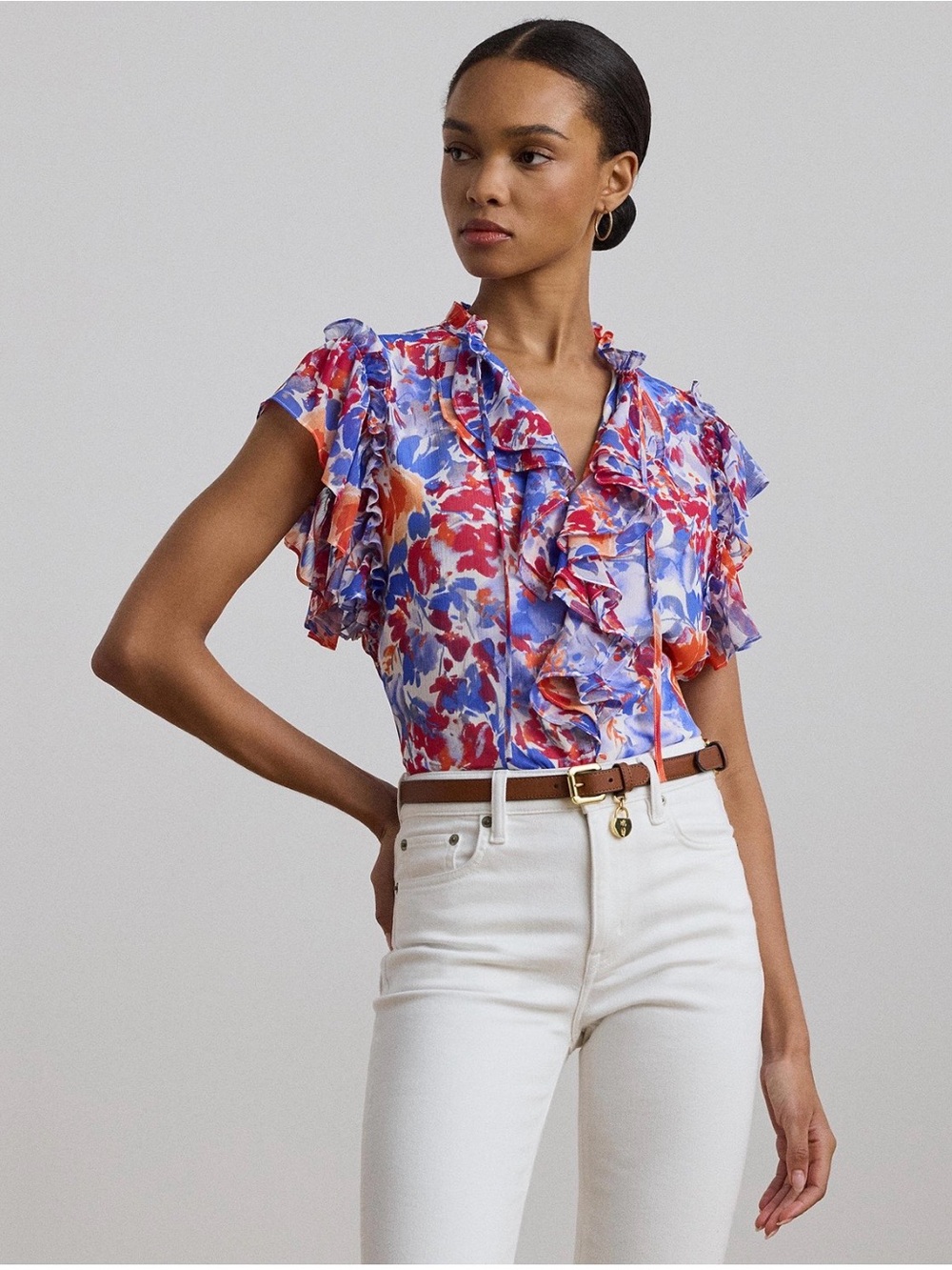 Ralph Lauren Blue, Red and White Floral Ruffle Blouse EUC XXL